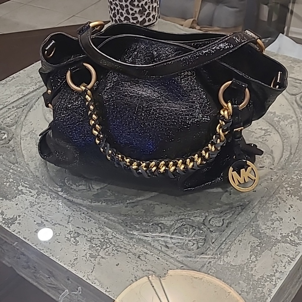 Michael Kors Shimmering Black and Gold Hand Bag Satchel Purse